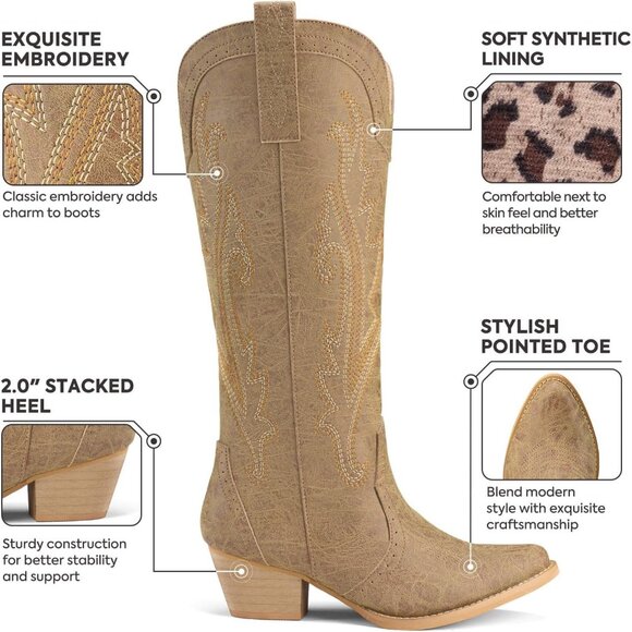 Women's Chunky Knee High Heel Western Leather Embroidered Light Brown Boot - Picture 4 of 5